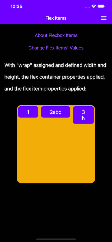 Learn flex with the Flexbox container showing with item properties defined.